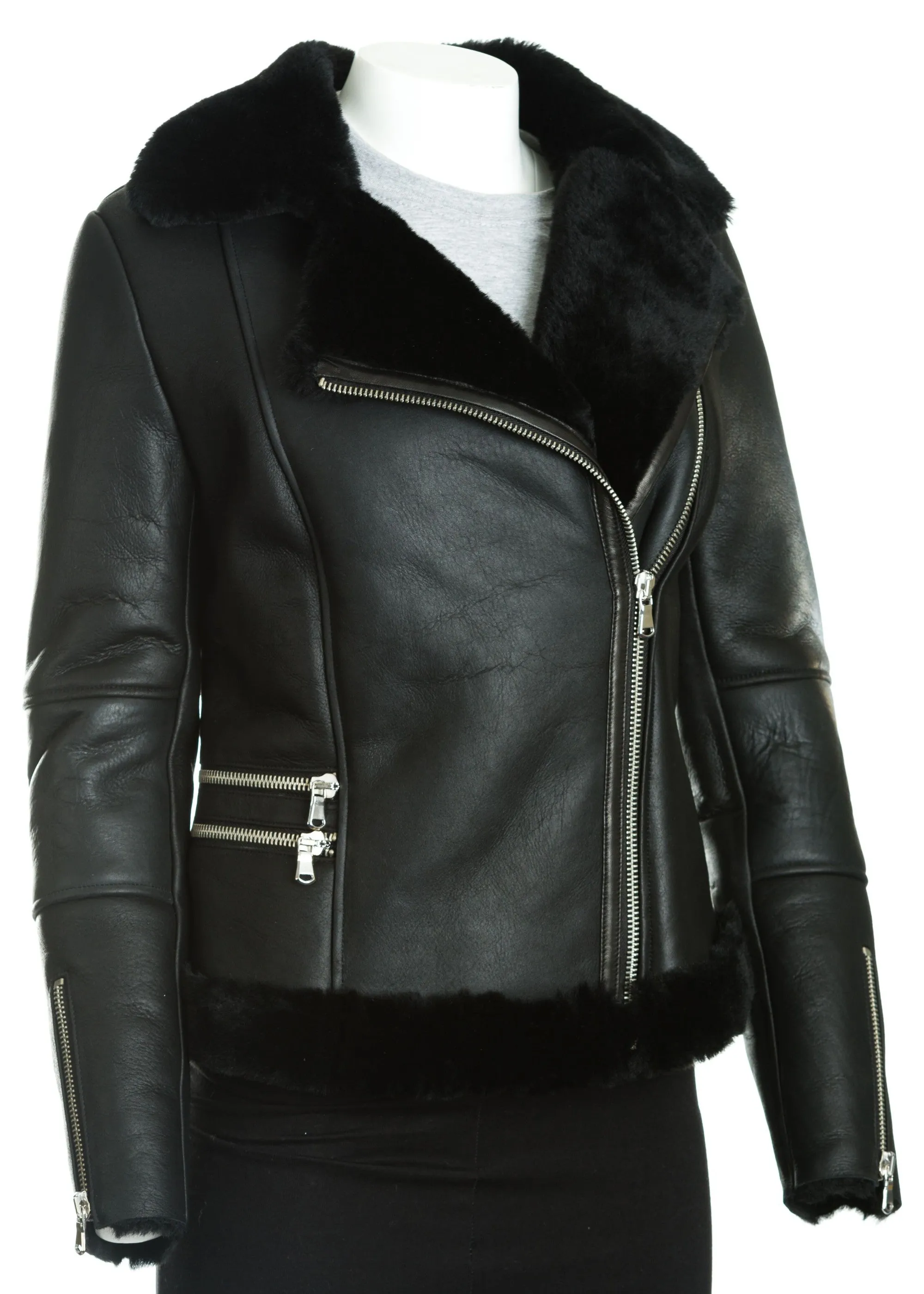 Women's Sheepskin Shearling Leather Finish Biker Jacket: Teresa