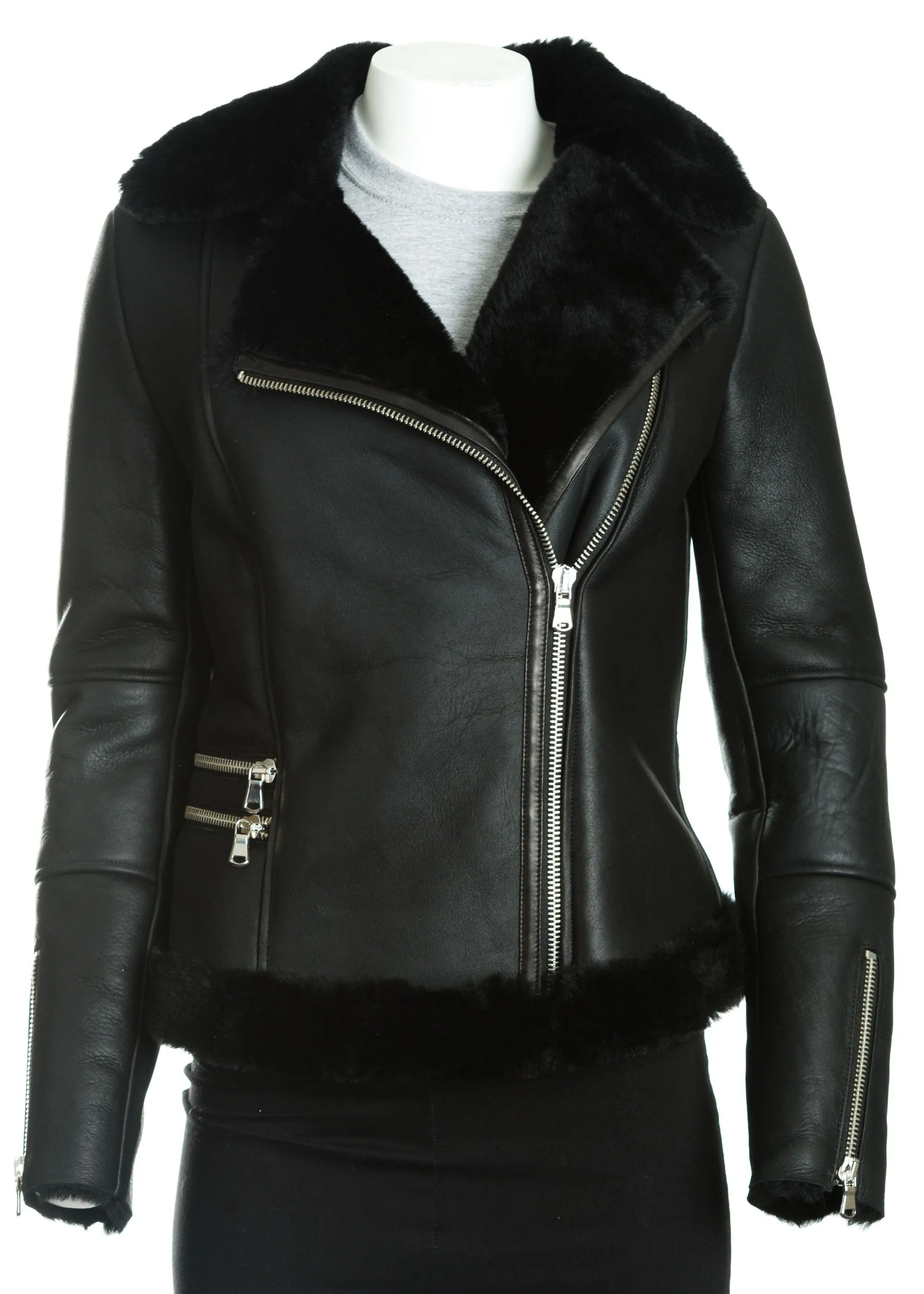 Women's Sheepskin Shearling Leather Finish Biker Jacket: Teresa