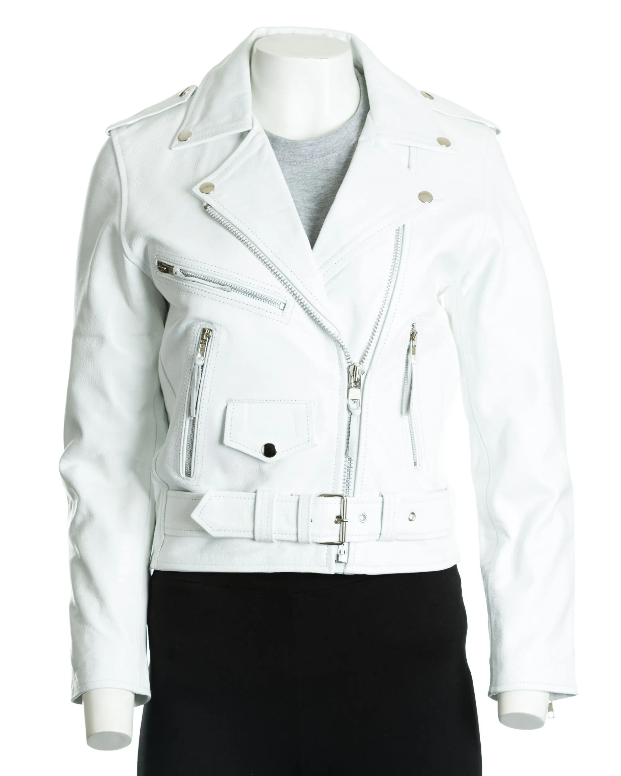 Women's White Classic Brando Biker Style Cow Hide Leather Jacket: Gemma