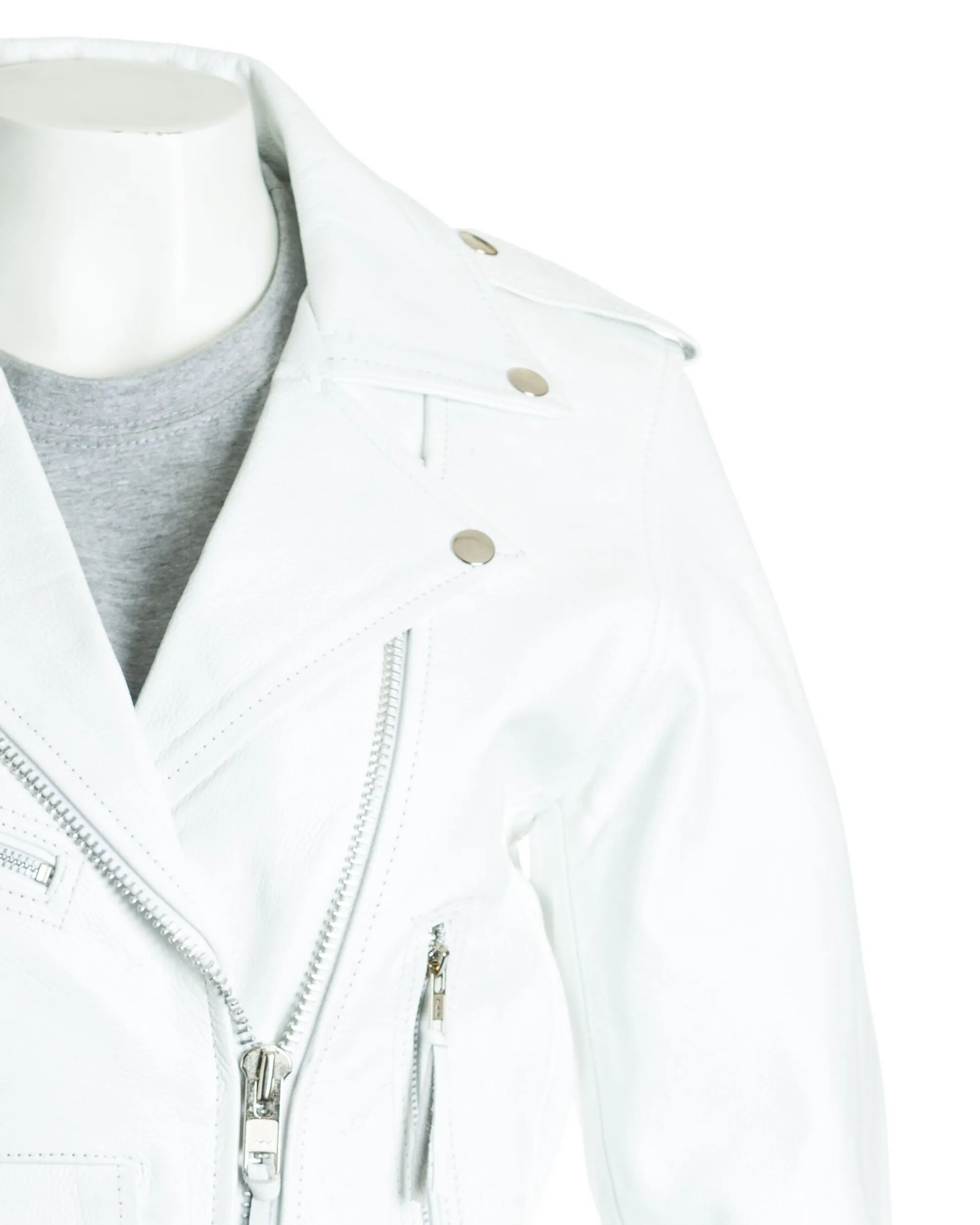 Women's White Classic Brando Biker Style Cow Hide Leather Jacket: Gemma